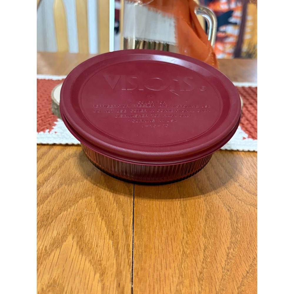 Corning Visions Cranberry 1 Pint Glass Bowl Ribbed C-16-B with Lid V-16-PC USA